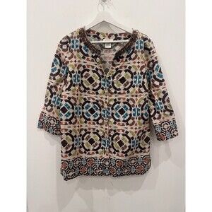Kate Hill 100% Linen Button Shirt Sz Large Geometric Boho Arts Beaded Neck Brown